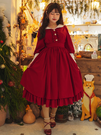 レッド クラシックロリータドレス ポリエステル フリル ロリータドレス 長袖 クラシック ベイビーブルー