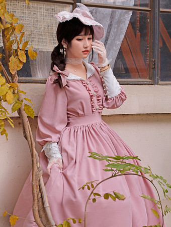 クラシックロリータドレス ポリエステル フリル ロリータドレス 長袖 クラシック ベイビーブルー