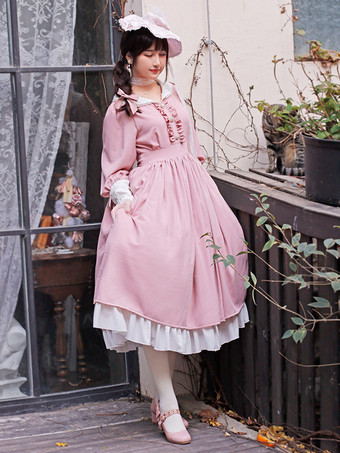 ピンククラシックロリータドレス ポリエステル フリル ロリータドレス 長袖 クラシック ベイビーブルー