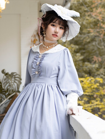クラシックロリータドレス ポリエステル フリル ロリータドレス 長袖 クラシック ベイビーブルー