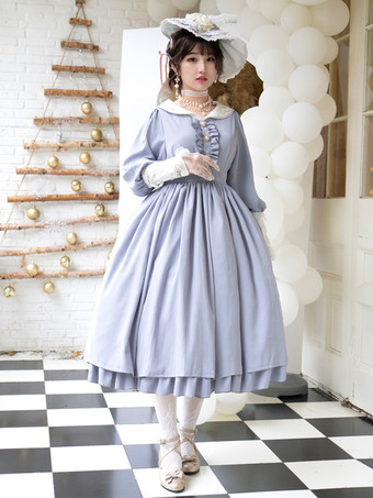 ベビーブルークラシックロリータドレス ポリエステル フリル ロリータドレス 長袖 クラシック ベイビーブルー