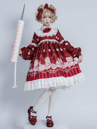 Red Sweet Lolita Dress Polyester Long Sleeves Ruffles Sweet Dress Lolita Dress