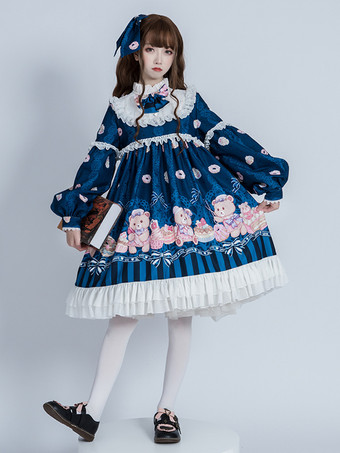 Blue Sweet Lolita Dress Polyester Long Sleeves Ruffles Sweet Dress Lolita Dress