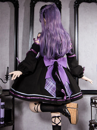 ゴスロリ衣装黒チェック柄リボンノースリーブジャンパーオーバーコートドレス