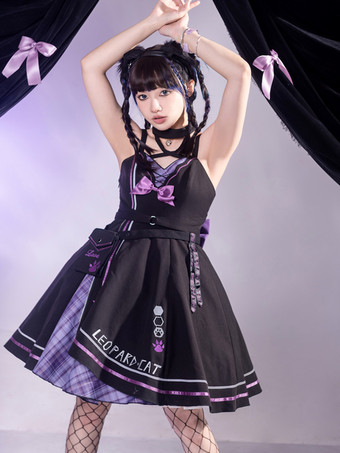 ゴスロリ衣装黒チェック柄リボンノースリーブジャンパーオーバーコートドレス