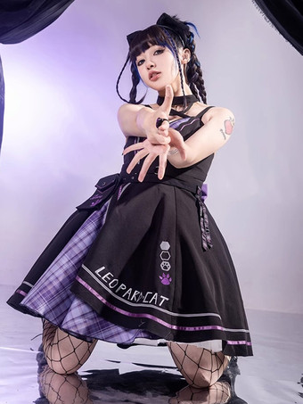 ゴスロリ衣装黒チェック柄リボンノースリーブジャンパーオーバーコートドレス