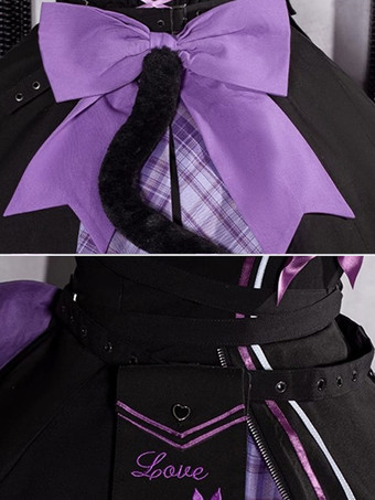 ゴスロリ衣装黒チェック柄リボンノースリーブジャンパーオーバーコートドレス