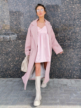 ピンク千鳥格子オーバーコート ノッチラペルボタン フルレングス 冬アウター