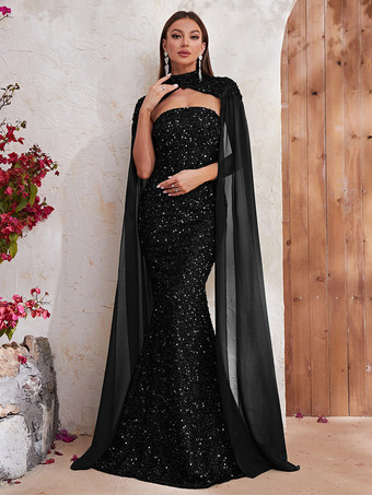 ブラック バーガンディ スパンコール ドレス キャップ スリーブ カットアウト ハイカラー プロム マキシ ドレス