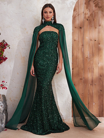 ダークグリーンバーガンディ スパンコール ドレス キャップ スリーブ カットアウト ハイカラー プロム マキシ ドレス