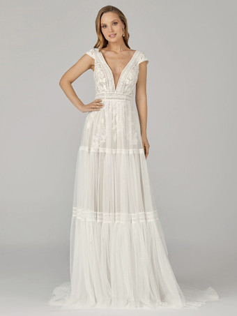 ボヘミアン ウェディングドレス レース レース Aライン コート トレイン ナチュラル ウエスト バックレス ノースリーブ Vネック アイボリー