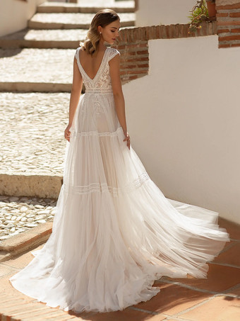 ボヘミアン ウェディングドレス レース レース Aライン コート トレイン ナチュラル ウエスト バックレス ノースリーブ Vネック アイボリー