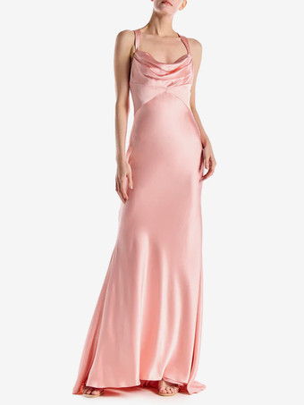 ピンクブライズメイドドレス 弾性シルクのようなサテン Aライン マキシレングス ウェディングパーティードレス