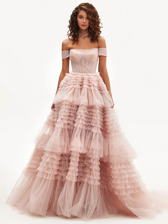 ピンクゴシック ウェディングドレス プリンセス シルエット ノースリーブ フリル チュール トレーン ブライダルドレス