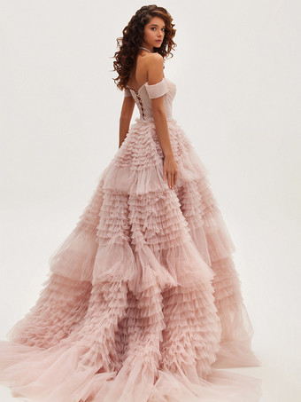 ゴシック ウェディングドレス プリンセス シルエット ノースリーブ フリル チュール トレーン ブライダルドレス