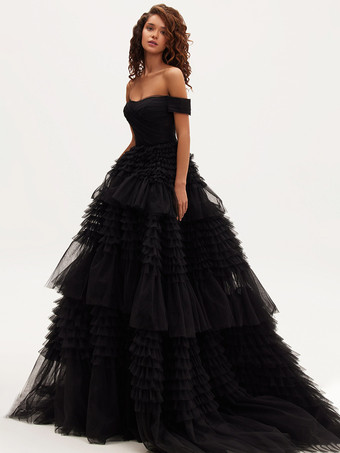 ブラックゴシック ウェディングドレス プリンセス シルエット ノースリーブ フリル チュール トレーン ブライダルドレス