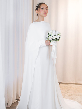 ウェディングラップ アイボリー 半袖 ジュエルネック マント クレープ ブライダル カバーアップ