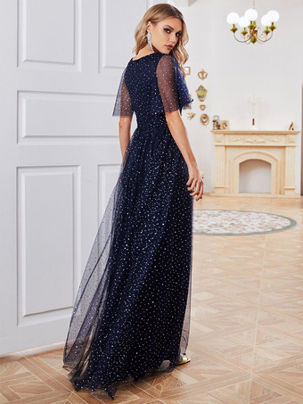 ダークネイビー プロムドレス ポルカドット フラッタースリーブ チュール マキシ ドレス