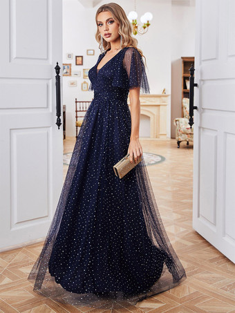 ダークネイビー プロムドレス ポルカドット フラッタースリーブ チュール マキシ ドレス