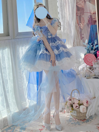 ライトスカイブルー黒ロリータポリエステルノースリーブジャンパーロリータドレス