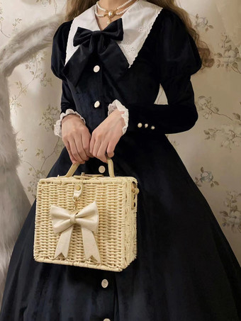 ブラック クラシカルロリータドレス ベロア半袖 カラーブロックロリータドレス クラシックディープブルー