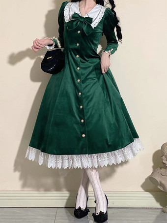 クラシカルロリータドレス ベロア半袖 カラーブロックロリータドレス クラシックディープブルー