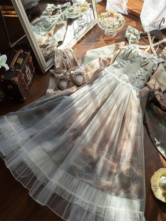 クラシック ロリータ ドレス シフォン フリル ノースリーブ ロリータ ドレス 花柄 クラシック ブルー