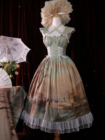 クラシック ロリータ ドレス シフォン フリル ノースリーブ ロリータ ドレス 花柄 クラシック ブルー