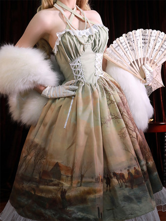 クラシック ロリータ ドレス シフォン フリル ノースリーブ ロリータ ドレス 花柄 クラシック ブルー