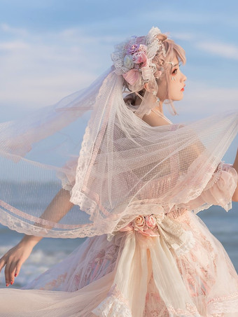 ピンクロリータ ウェディングドレス ロリータ アクセサリー ライトスカイブルー レース フラワー レース 帽子 その他