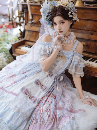 ライトスカイブルースイートロリータドレスポリエステルノースリーブロリータウェディングドレス花嫁ロリータドレス