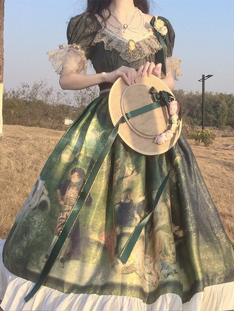 verde Vestido de lolita clásica Poliéster Encaje Vestidos de lolita Manga corta Estampado floral Clásico Verde