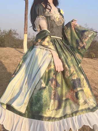 Vestido de lolita clásica Poliéster Encaje Vestidos de lolita Manga corta Estampado floral Clásico Verde