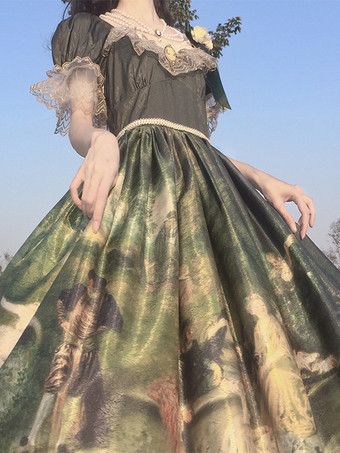 Vestido de lolita clásica Poliéster Encaje Vestidos de lolita Manga corta Estampado floral Clásico Verde