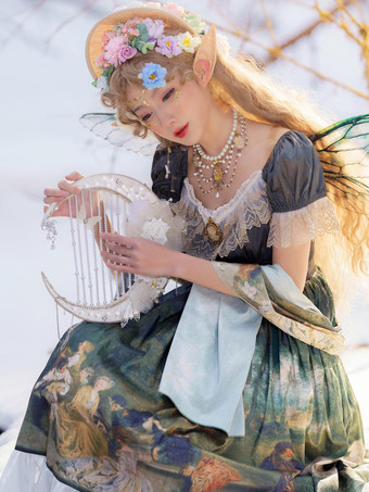 Vestido de lolita clásica Poliéster Encaje Vestidos de lolita Manga corta Estampado floral Clásico Verde