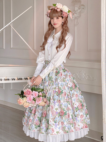 牧歌的なスタイルのロリータ スカート花柄白フリル ロリータ スカート