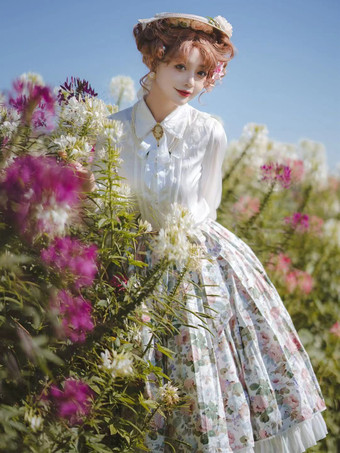 ホワイト ロココスタイル ロリータ ブラウス ロリータ トップ フリル リボン 長袖 ブラウス ホワイト ロリータ シャツ