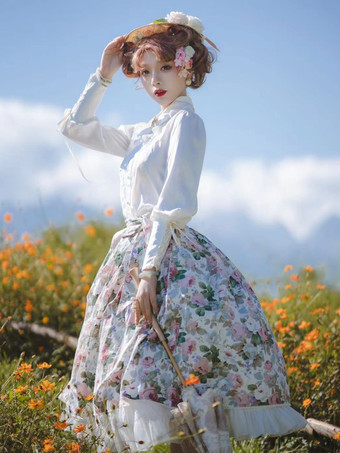 ロココスタイル ロリータ ブラウス ロリータ トップ フリル リボン 長袖 ブラウス ホワイト ロリータ シャツ