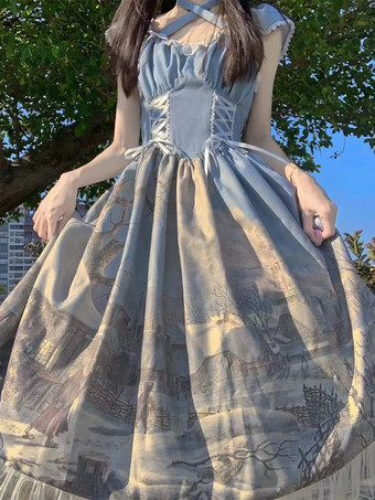 ブルー クラシック ロリータ ドレス シフォン フリル ノースリーブ ロリータ ドレス 花柄 クラシック ブルー