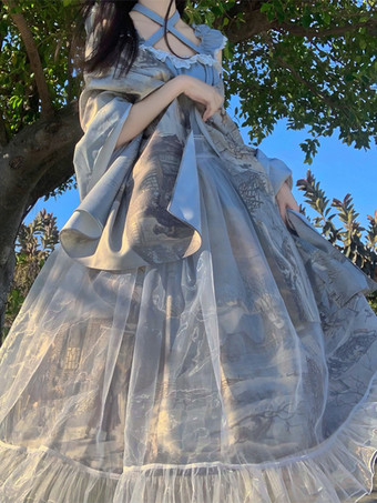 クラシック ロリータ ドレス シフォン フリル ノースリーブ ロリータ ドレス 花柄 クラシック ブルー