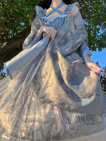 クラシック ロリータ ドレス シフォン フリル ノースリーブ ロリータ ドレス 花柄 クラシック ブルー