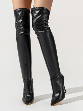 Black Over The Knee Boots Black PU Leather Women's Pointed Toe Thigh High Boots Stiletto Heel