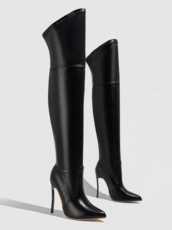 Over The Knee Boots Black PU Leather Women's Pointed Toe Thigh High Boots Stiletto Heel