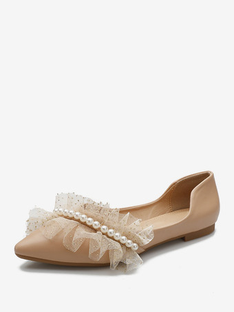 ディープアプリコットブライダルシューズ ブライダルフラット PUレザー ポインテッドトゥ ビーズ