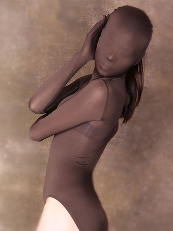 セクシーなキャットスーツ コーヒーブラウン 長袖 パーカー ライクラ スパンデックス トップス