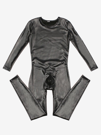 ブラック メンズ ゼンタイ コスチューム ワンピース ストレッチ PUレザー スリムフィット ボディスーツ ジャンプスーツ