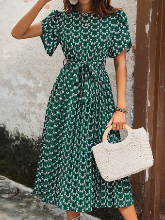 花柄ドレス ミディドレス ドレス ストレッチ サッシュ ジュエルネック 半袖 ボヘミアン 夏