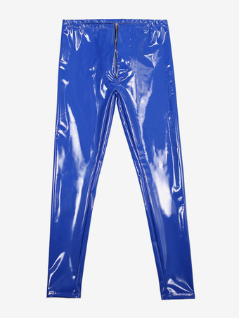 ブルー メンズパンツ モーターサイクル PUレザー 小脚 ステージウェア タイトパンツ