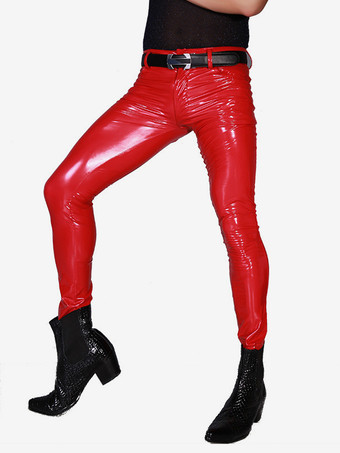 レッド メンズタイツ PU モーターサイクル スモールレッグパンツ ステージウェア タイトパンツ