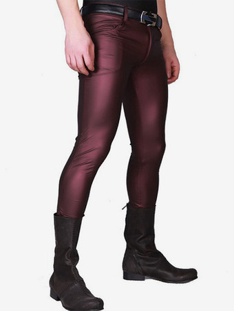 ワインレッド メンズタイツ PU モーターサイクル スモールレッグパンツ ステージウェア タイトパンツ